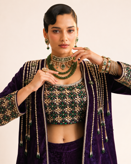 Emerald Noir Velvet Jacket Sharara Set